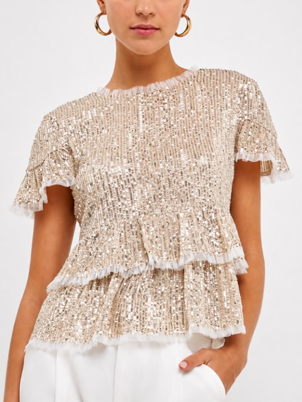 Revolve NEW Endless Rose Champagne Sequin Ruffle Babydoll Blouse Top SZ Large